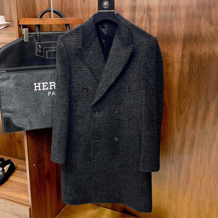 NIGO Hermes Men's Fall And Winter Water Wave Texture Casual Double-Breasted Medium-Length Wool Blend Coat Ngvp #nigo9882