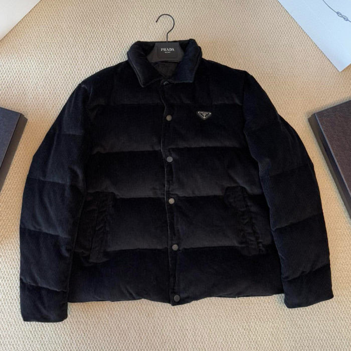 NIGO Prada Men's Fall And Winter Logo Lapel Single-Breasted Solid Color Fitted Short Section Long Sleeve Corduroy Texture Puffer Down Jacket #nigo71823