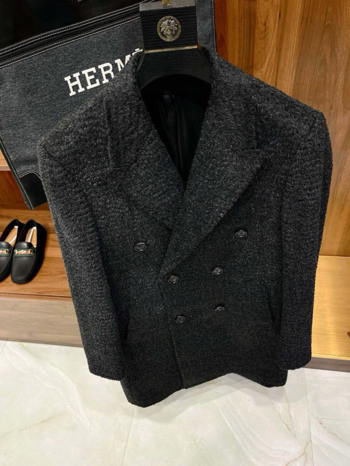 NIGO Hermes Men's Fall And Winter Water Wave Texture Casual Double-Breasted Medium-Length Wool Blend Coat Ngvp #nigo9882