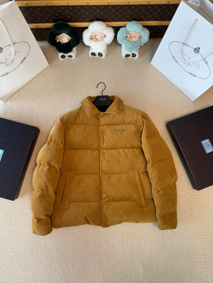 NIGO Prada Men's Fall And Winter Logo Lapel Single-Breasted Solid Color Fitted Short Section Long Sleeve Corduroy Texture Puffer Down Jacket #nigo71823