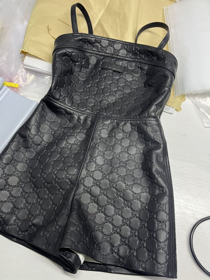 NIGO Gucci Women's Spring/Summer Alphabet Embossed Printed Solid Color Leather Halter Jumpsuit #nigo75151
