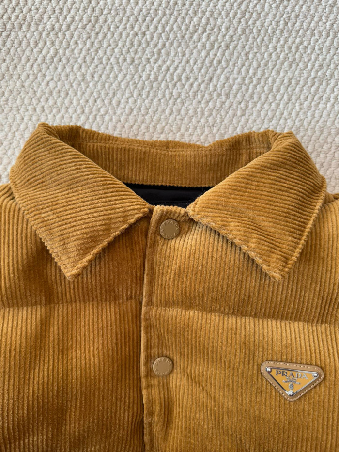 NIGO Prada Men's Fall And Winter Logo Lapel Single-Breasted Solid Color Fitted Short Section Long Sleeve Corduroy Texture Puffer Down Jacket #nigo71823