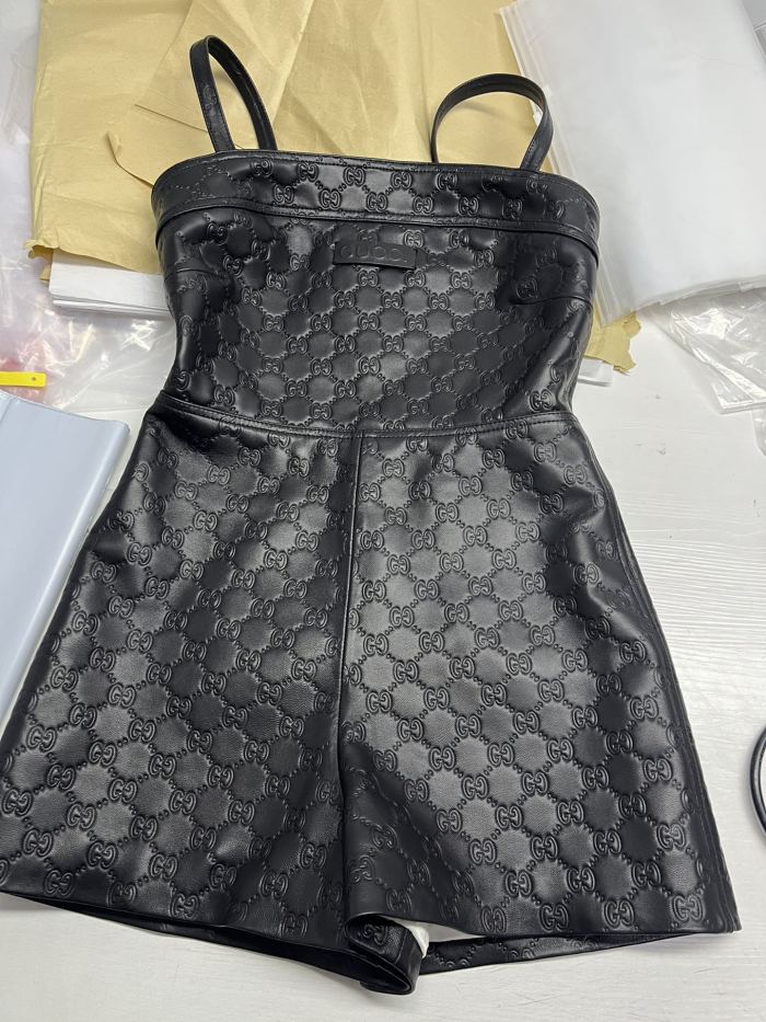 NIGO Gucci Women's Spring/Summer Alphabet Embossed Printed Solid Color Leather Halter Jumpsuit #nigo75151