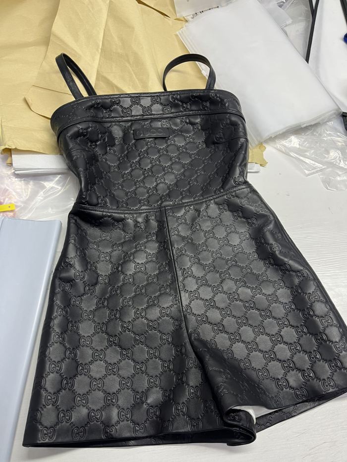 NIGO Gucci Women's Spring/Summer Alphabet Embossed Printed Solid Color Leather Halter Jumpsuit #nigo75151