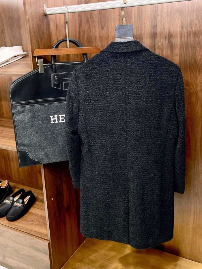 NIGO Hermes Men's Fall And Winter Water Wave Texture Casual Double-Breasted Medium-Length Wool Blend Coat Ngvp #nigo9882