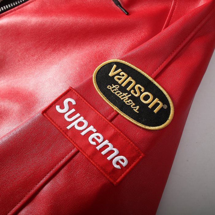 NIGO Supreme x Vanson Leathers Men's and Women's Spring and Fall Sleeve Logo Embroidered Patch Zipper Closure Hooded Leather Jacket #nigo75186
