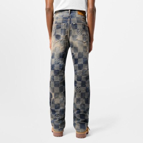 NIGO Louis Vuitton Men's Damier Washed Skateboarding Jeans Spring And Autumn Checkerboard Check Vintage Old Denim Trousers Straight Wide-leg Pants #nigo71847