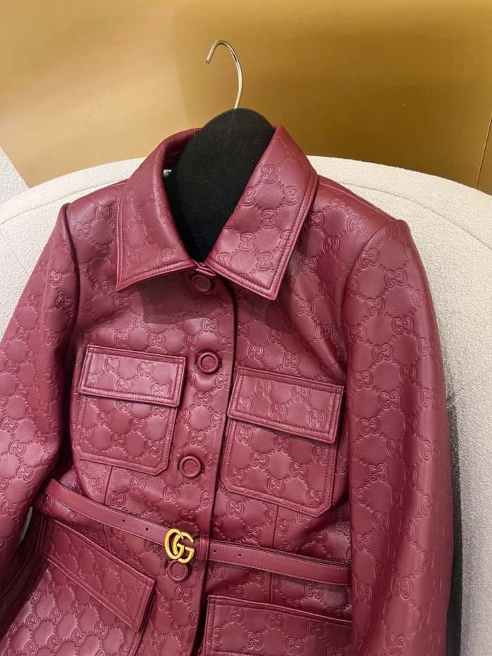 NIGO Gucci Women's Autumn and Winter Solid Color Lapel Embossed Printed Leather Mid-Length Belted Long Sleeve Jacket Coat #nigo75168
