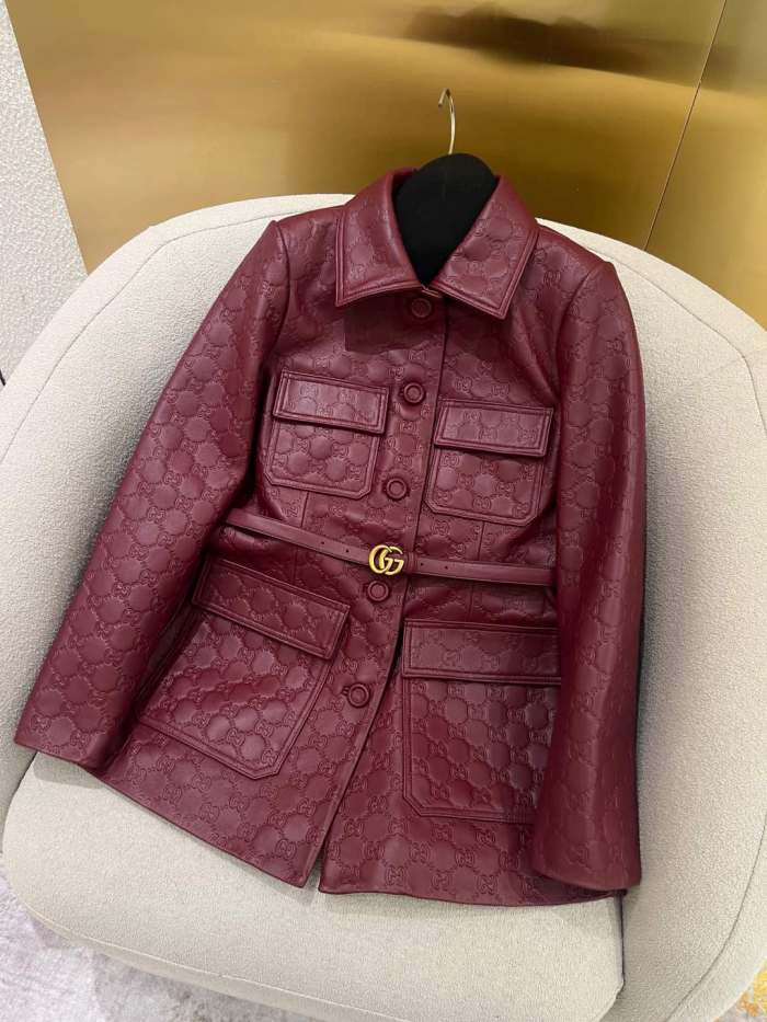 NIGO Gucci Women's Autumn and Winter Solid Color Lapel Embossed Printed Leather Mid-Length Belted Long Sleeve Jacket Coat #nigo75168