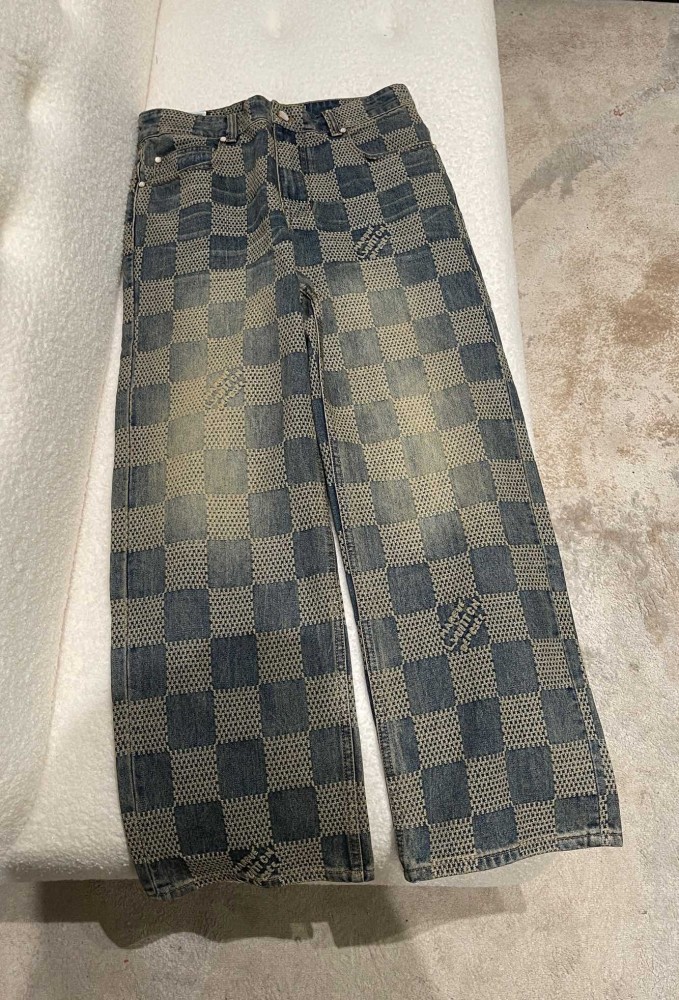 NIGO Louis Vuitton Men's Damier Washed Skateboarding Jeans Spring And Autumn Checkerboard Check Vintage Old Denim Trousers Straight Wide-leg Pants #nigo71847