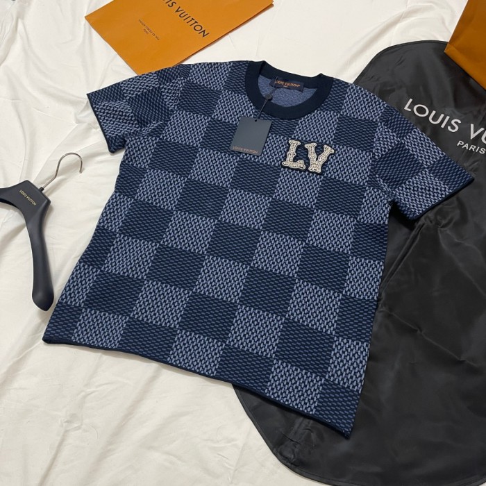 NIGO Louis Vuitton Men's and Women's Summer Checkerboard Printed Beaded Logo Printed Round Neck Short Sleeve T-Shirt #nigo75187