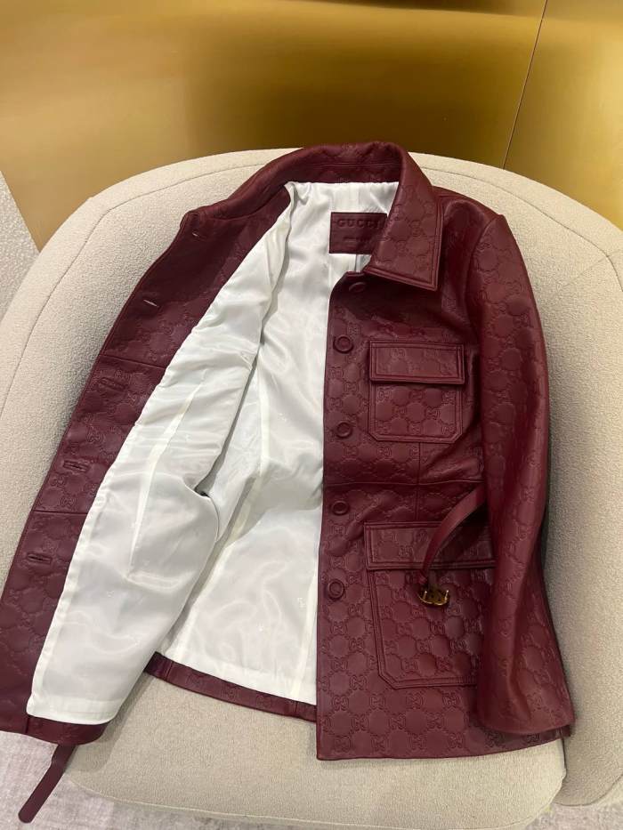 NIGO Gucci Women's Autumn and Winter Solid Color Lapel Embossed Printed Leather Mid-Length Belted Long Sleeve Jacket Coat #nigo75168