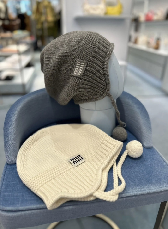 NIGO MiuMiu Women's Solid Color Logo Design Cashmere Knit Pom Pom Hat Woolen Gloves #nigo75169