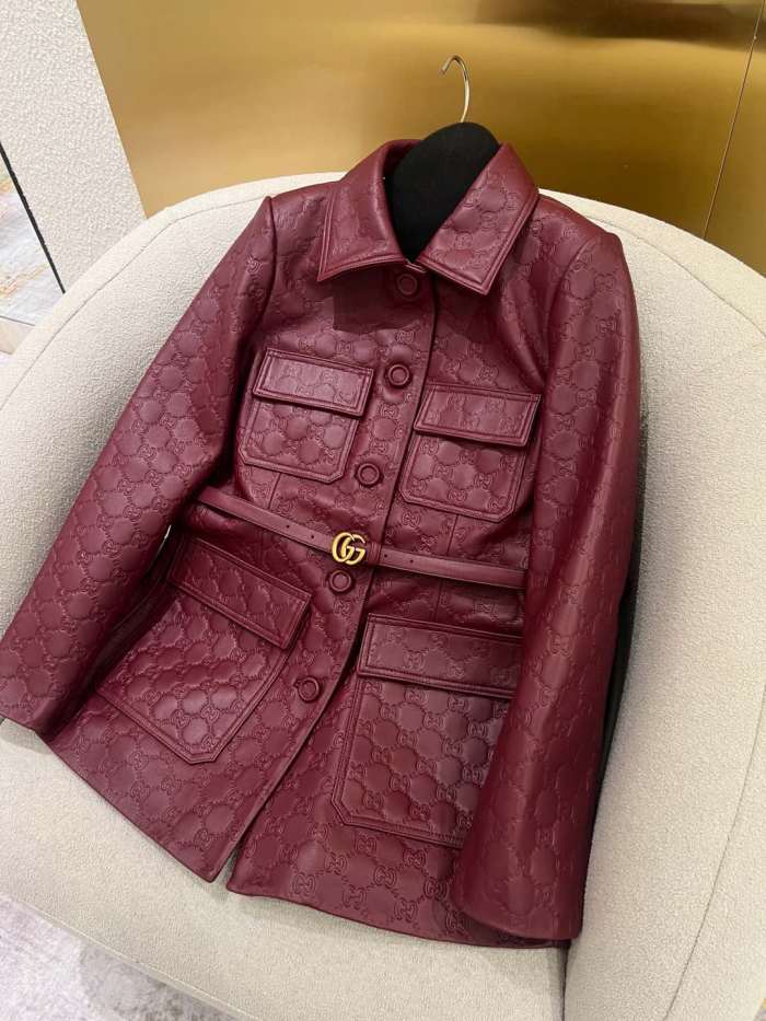 NIGO Gucci Women's Autumn and Winter Solid Color Lapel Embossed Printed Leather Mid-Length Belted Long Sleeve Jacket Coat #nigo75168