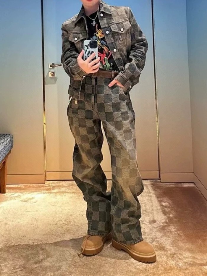 NIGO Louis Vuitton Men's Damier Washed Skateboarding Jeans Spring And Autumn Checkerboard Check Vintage Old Denim Trousers Straight Wide-leg Pants #nigo71847