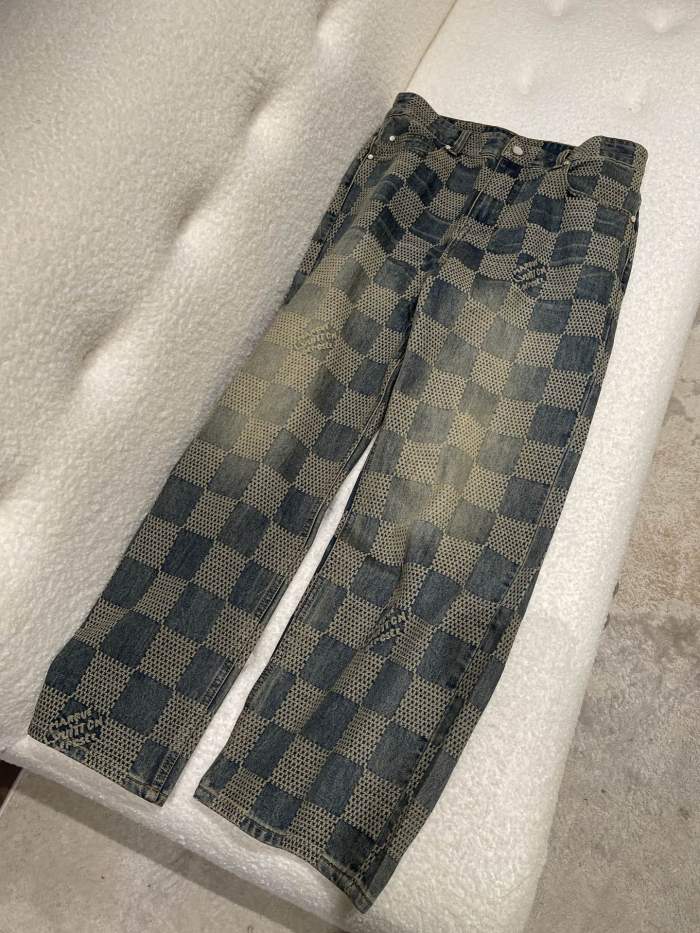 NIGO Louis Vuitton Men's Damier Washed Skateboarding Jeans Spring And Autumn Checkerboard Check Vintage Old Denim Trousers Straight Wide-leg Pants #nigo71847