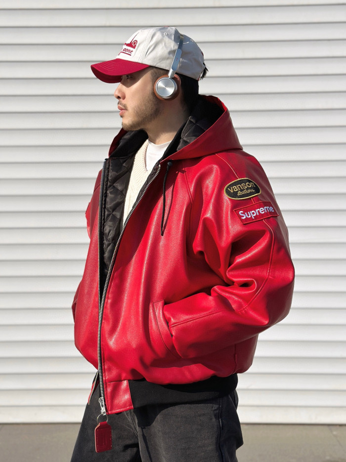 NIGO Supreme x Vanson Leathers Men's and Women's Spring and Fall Sleeve Logo Embroidered Patch Zipper Closure Hooded Leather Jacket #nigo75186