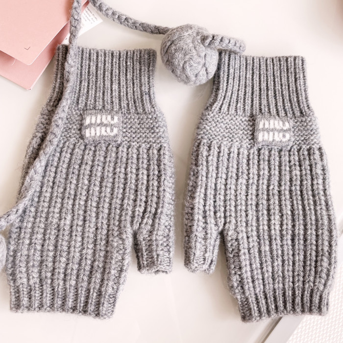 NIGO MiuMiu Women's Solid Color Logo Design Cashmere Knit Pom Pom Hat Woolen Gloves #nigo75169