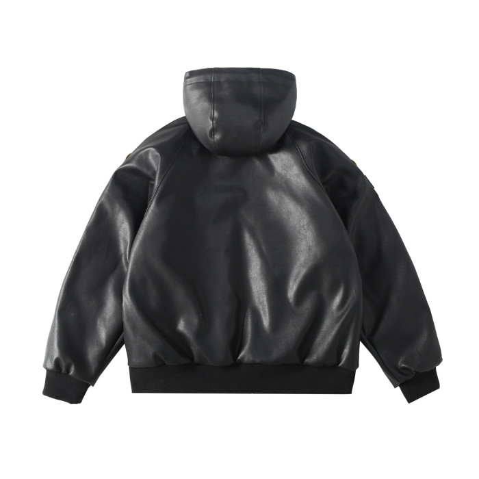 NIGO Supreme x Vanson Leathers Men's and Women's Spring and Fall Sleeve Logo Embroidered Patch Zipper Closure Hooded Leather Jacket #nigo75186