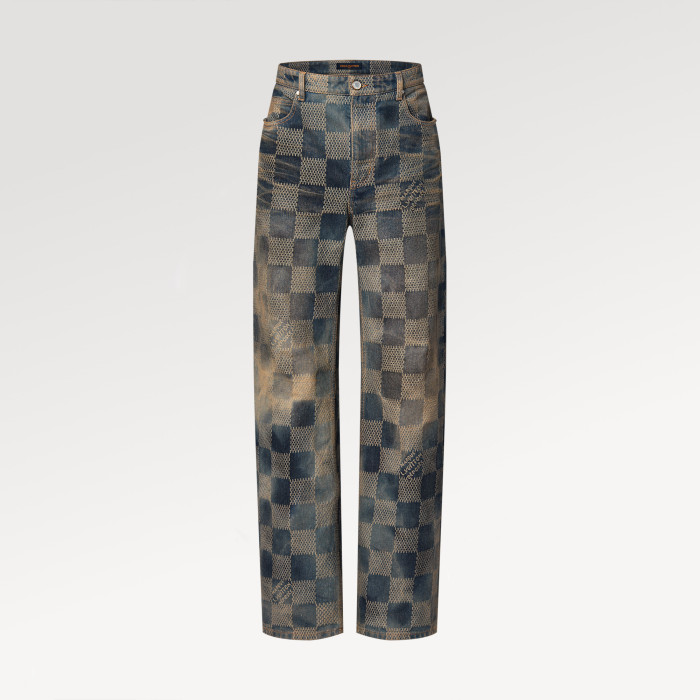 NIGO Louis Vuitton Men's Damier Washed Skateboarding Jeans Spring And Autumn Checkerboard Check Vintage Old Denim Trousers Straight Wide-leg Pants #nigo71847