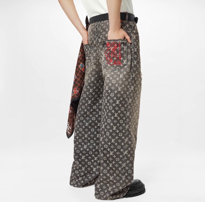 NIGO Louis Vuitton Men's Retro Washed And Embroidered Monogram Pattern Loose Jeans Spring And Autumn Fashion High Street Straight Wide Leg TrousersCasual Pants #nigo71848