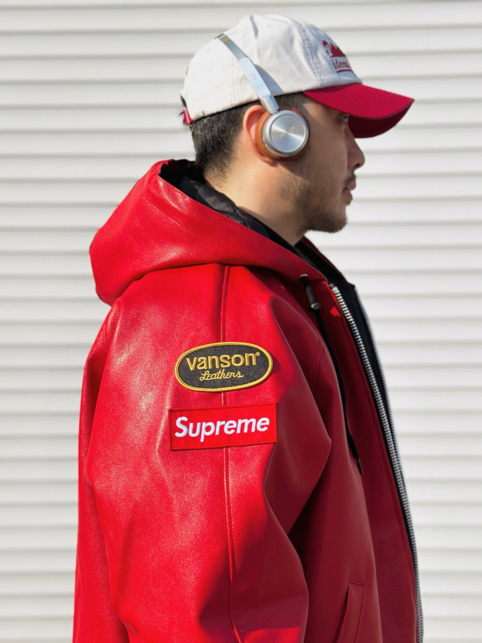 NIGO Supreme x Vanson Leathers Men's and Women's Spring and Fall Sleeve Logo Embroidered Patch Zipper Closure Hooded Leather Jacket #nigo75186