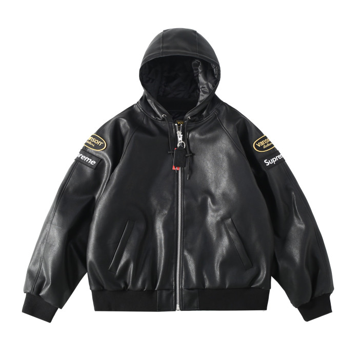 NIGO Supreme x Vanson Leathers Men's and Women's Spring and Fall Sleeve Logo Embroidered Patch Zipper Closure Hooded Leather Jacket #nigo75186