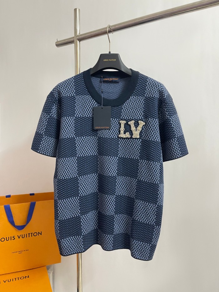 NIGO Louis Vuitton Men's and Women's Summer Checkerboard Printed Beaded Logo Printed Round Neck Short Sleeve T-Shirt #nigo75187