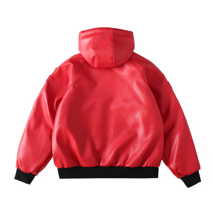 NIGO Supreme x Vanson Leathers Men's and Women's Spring and Fall Sleeve Logo Embroidered Patch Zipper Closure Hooded Leather Jacket #nigo75186