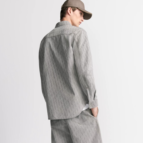NIGO DIOR Men's Grey Cotton Denim Oblique Printed Shirt Blouse Spring Autumn Lapel Single Breasted Fashion Casual Jacket Shirt #nigo71845