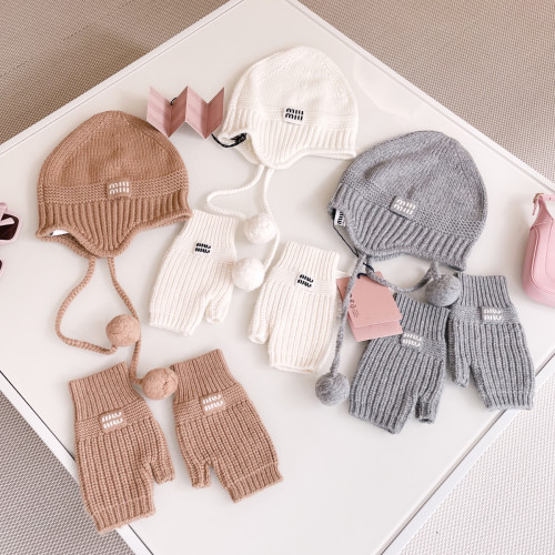 NIGO MiuMiu Women's Solid Color Logo Design Cashmere Knit Pom Pom Hat Woolen Gloves #nigo75169
