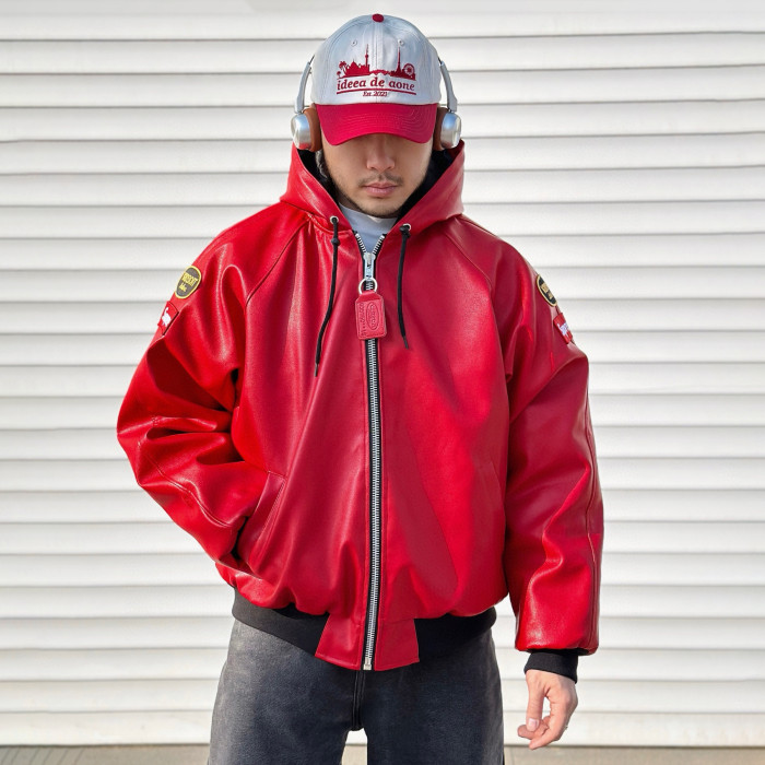 NIGO Supreme x Vanson Leathers Men's and Women's Spring and Fall Sleeve Logo Embroidered Patch Zipper Closure Hooded Leather Jacket #nigo75186