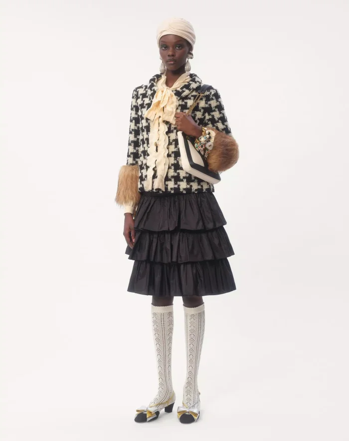 NIGO Valentino Women's Spring & Autumn  Thousand Bird Pattern Lapel Wool Macro Pied De Poule Tweed Short Jacket Ngvp #nigo9912
