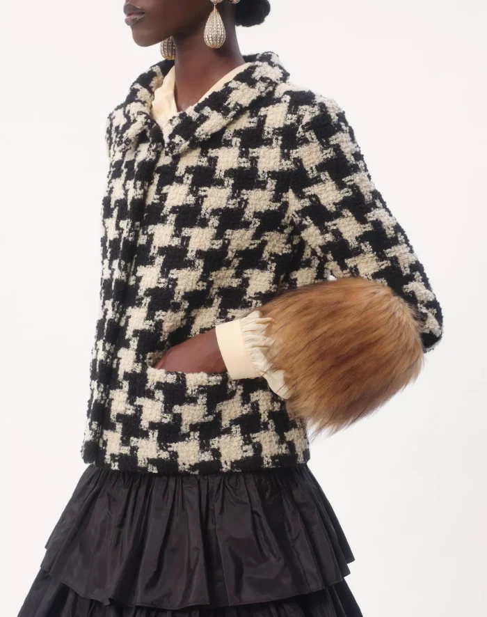 NIGO Valentino Women's Spring & Autumn  Thousand Bird Pattern Lapel Wool Macro Pied De Poule Tweed Short Jacket Ngvp #nigo9912
