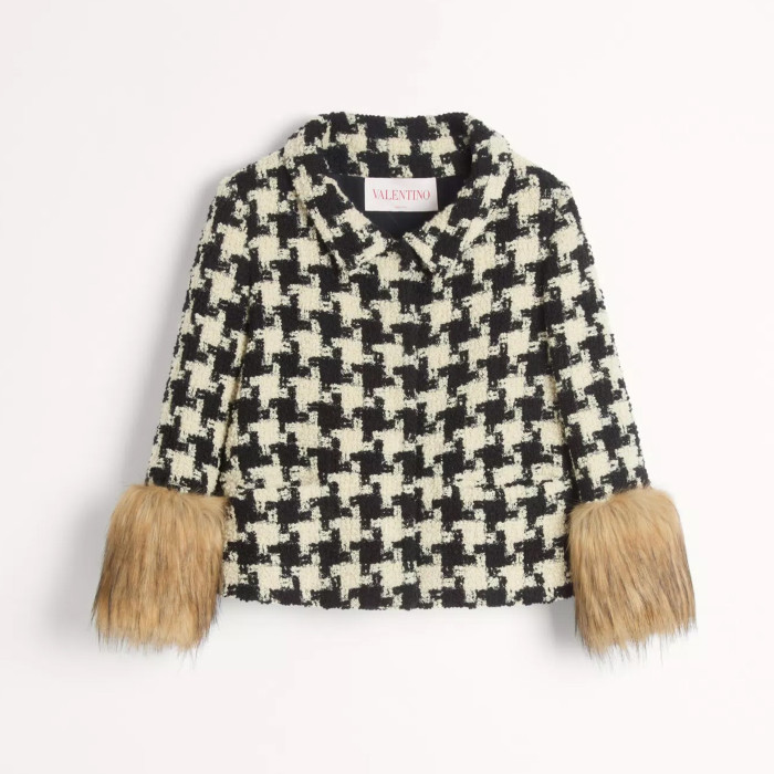 NIGO Valentino Women's Spring & Autumn  Thousand Bird Pattern Lapel Wool Macro Pied De Poule Tweed Short Jacket Ngvp #nigo9912