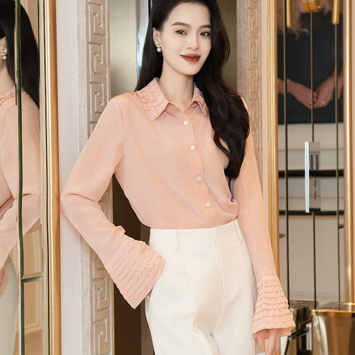 NIGO Valentino Women's Spring Pink Ruffled Lapel Single-breasted Silk Shirt  Fashionable Temperament Elegant Blouse Ngvp #nigo9913