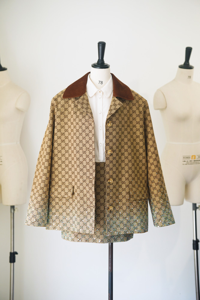 NIGO Gucci Ladies Spring And Summer Embroidery GG Canvas Coat Rhinestone Gradient Lapel Suit Jacket Temperament Fashion Thin Package Hip  Short Skirt Suit Set  #nigo71861