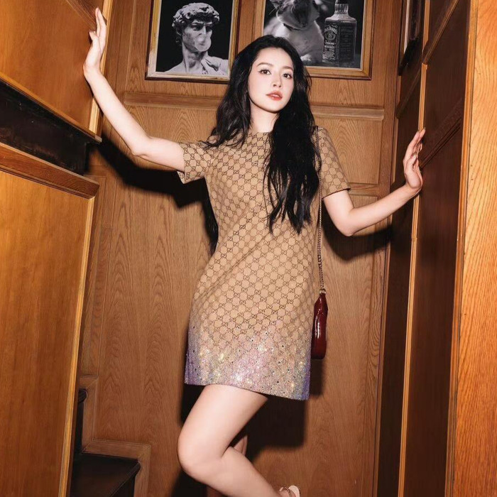 NIGO Gucci Ladies Spring And Summer Embroidery GG Canvas Rhinestone Gradient Dress Fashion Slim Temperament Elegant Short Dresses #nigo71862