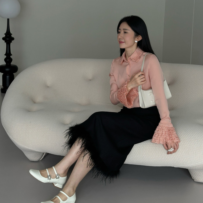 NIGO Valentino Women's Spring Pink Ruffled Lapel Single-breasted Silk Shirt  Fashionable Temperament Elegant Blouse Ngvp #nigo9913