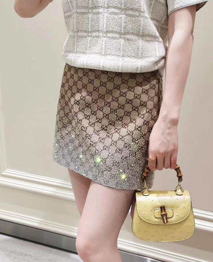 NIGO Gucci Ladies Spring And Summer Embroidery GG Canvas Coat Rhinestone Gradient Lapel Suit Jacket Temperament Fashion Thin Package Hip  Short Skirt Suit Set  #nigo71861