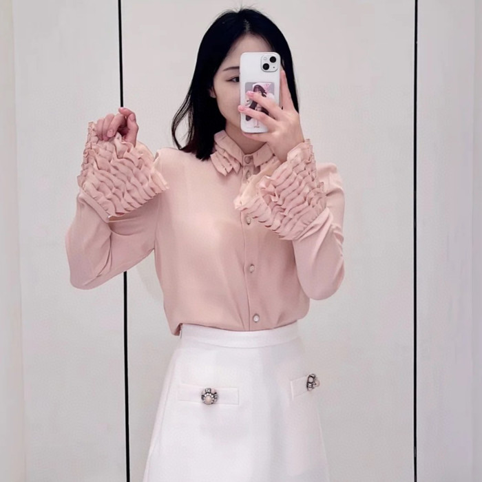 NIGO Valentino Women's Spring Pink Ruffled Lapel Single-breasted Silk Shirt  Fashionable Temperament Elegant Blouse Ngvp #nigo9913