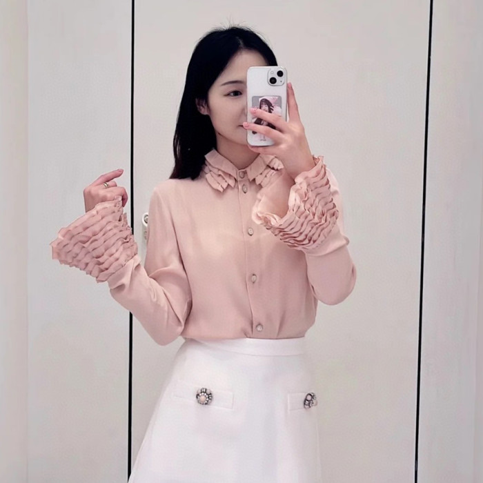 NIGO Valentino Women's Spring Pink Ruffled Lapel Single-breasted Silk Shirt  Fashionable Temperament Elegant Blouse Ngvp #nigo9913
