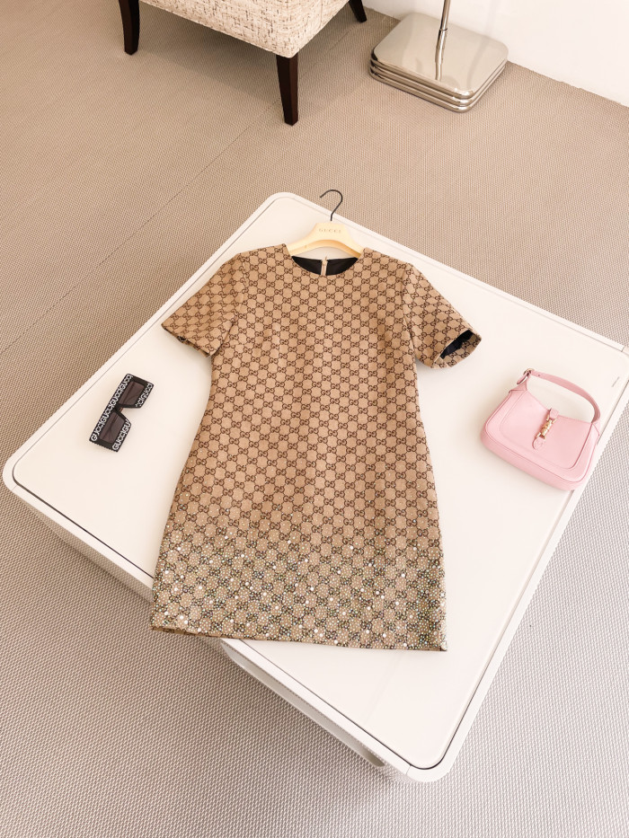 NIGO Gucci Ladies Spring And Summer Embroidery GG Canvas Rhinestone Gradient Dress Fashion Slim Temperament Elegant Short Dresses #nigo71862
