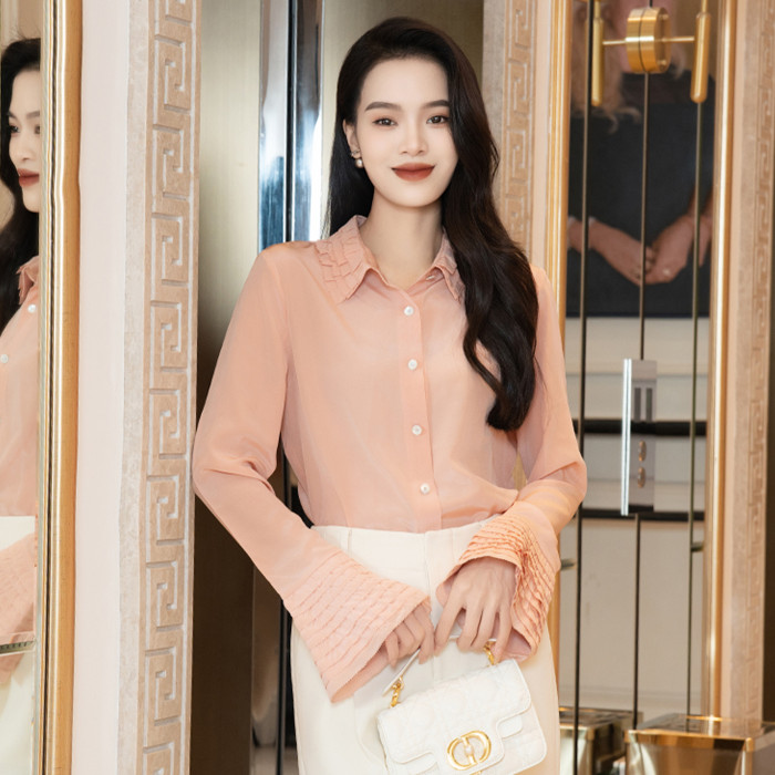 NIGO Valentino Women's Spring Pink Ruffled Lapel Single-breasted Silk Shirt  Fashionable Temperament Elegant Blouse Ngvp #nigo9913