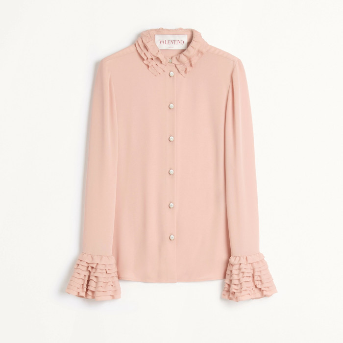 NIGO Valentino Women's Spring Pink Ruffled Lapel Single-breasted Silk Shirt  Fashionable Temperament Elegant Blouse Ngvp #nigo9913