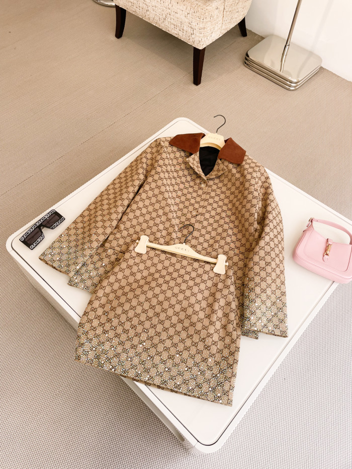 NIGO Gucci Ladies Spring And Summer Embroidery GG Canvas Coat Rhinestone Gradient Lapel Suit Jacket Temperament Fashion Thin Package Hip  Short Skirt Suit Set  #nigo71861