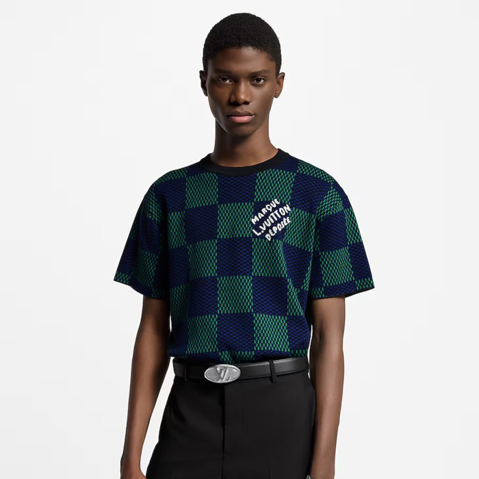 NIGO Louis Vuitton ﻿Men's Summer Check Letter Jacquard Damier Cotton Crewneck Round Neck Solid Color Short Sleeve T-Shirt #nigo71878