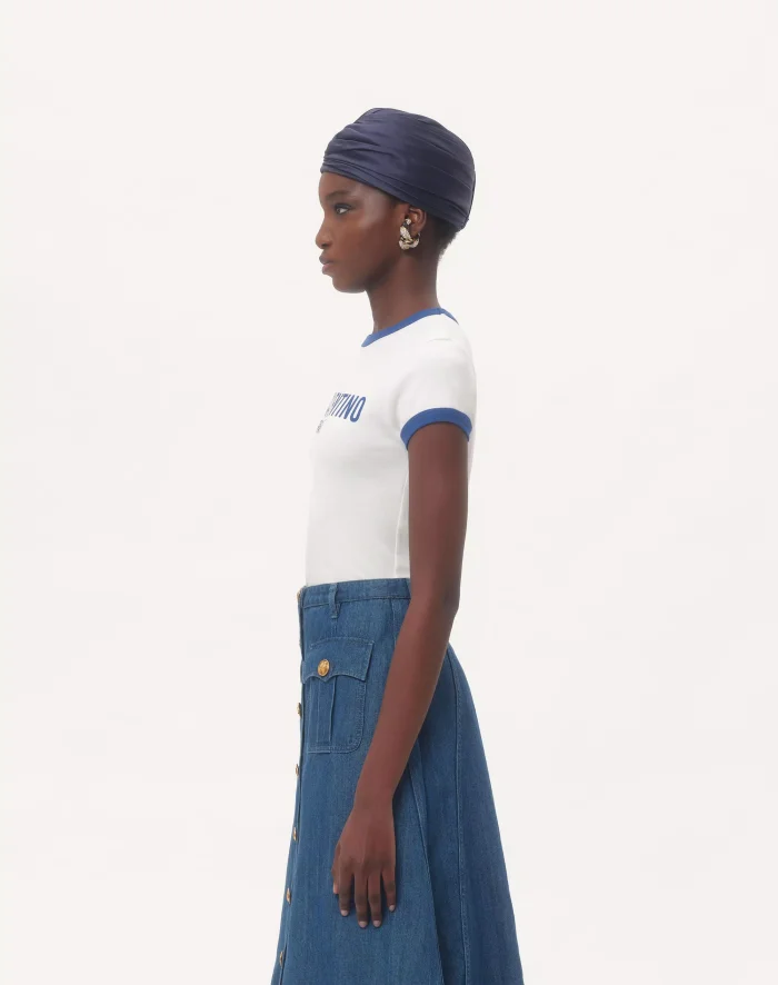 NIGO Valentino Women's Summer Colorblocked Letter Round Neck Solid Color Straight Jersey Cotton Short Sleeve T-Shirt #nigo71887