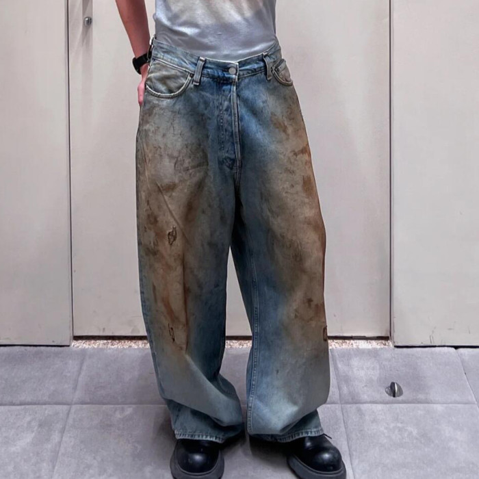 NIGO Men's Four Seasons Do Old Low Waist Zipper Closure Solid Color Cotton Loose Denim Jeans Autonomous Label-Free Casual Pants Ngvp #nigo9922