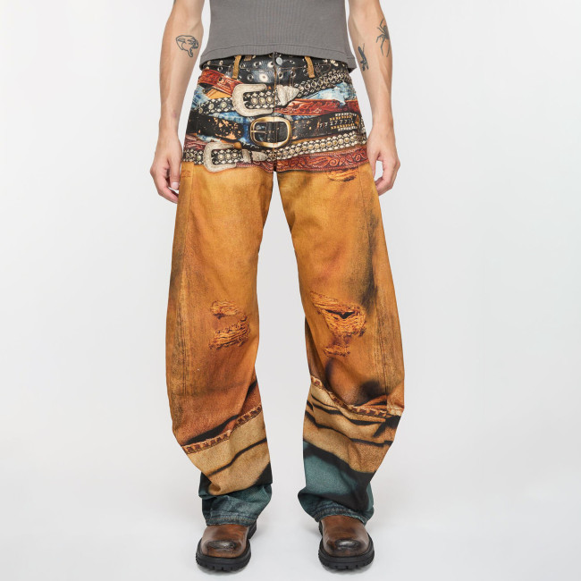 NIGO Ngvp Men's Four Seasons 3D Printed Low Rise Solid Color Loose Jeans Autonomous Label-Free Casual Pants #nigo9923